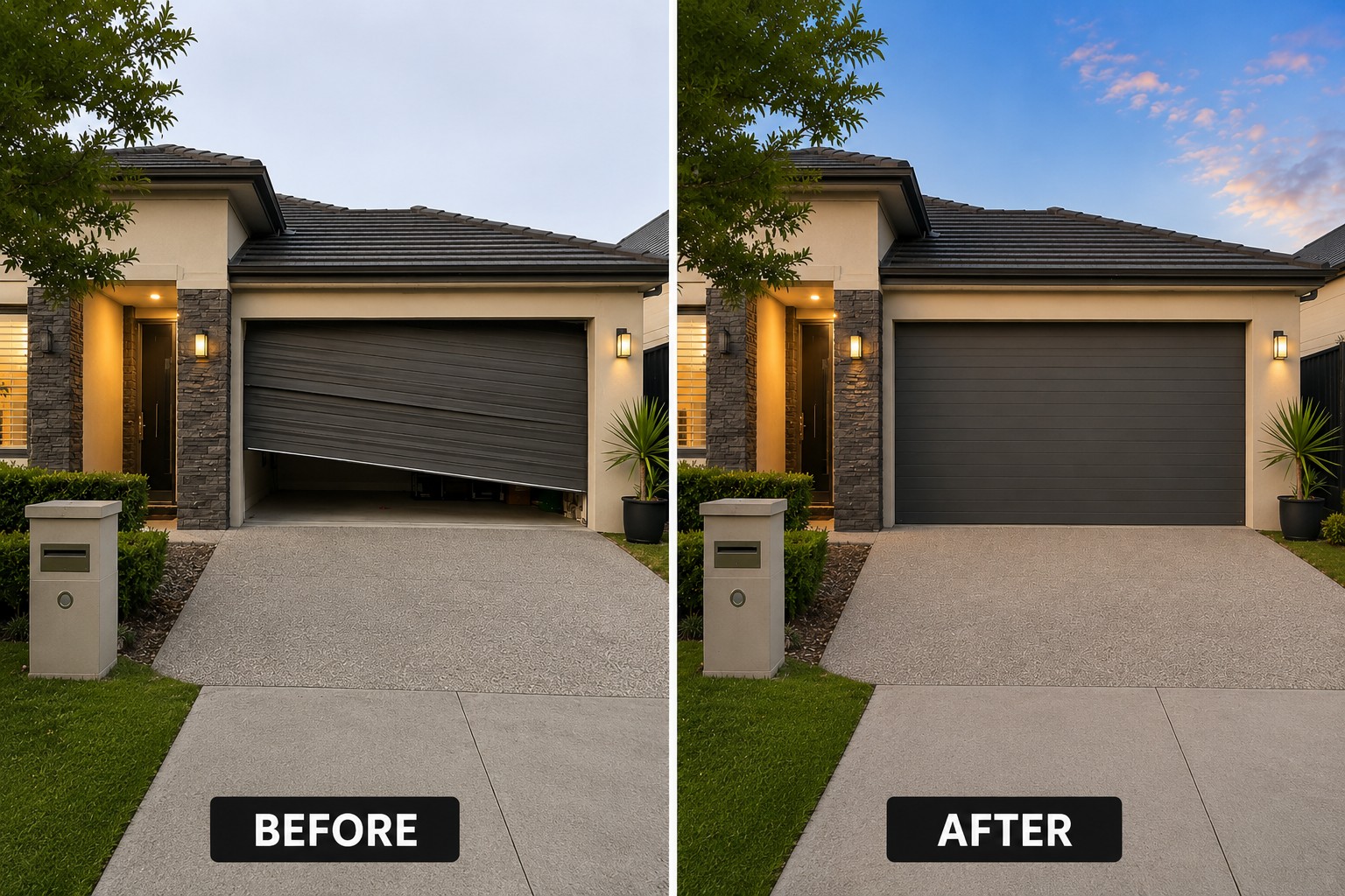 Garage door before and after: a collapsed double sectional door replaced with a brand-new charcoal sectional door
