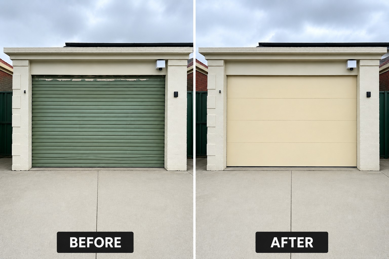 Garage door before and after: a worn green roller door replaced with a clean panel door