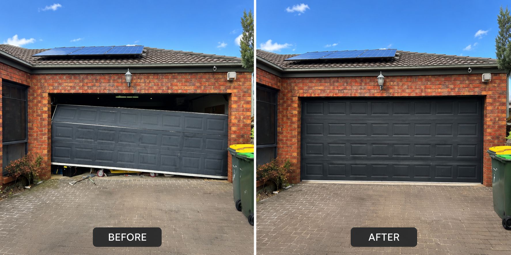 Garage door before and after: a damaged off-track sectional door restored to like-new condition