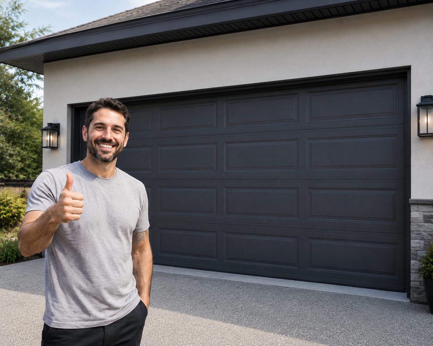 Smiling homeowner giving a thumbs-up in front of his newly installed dark sectional garage door